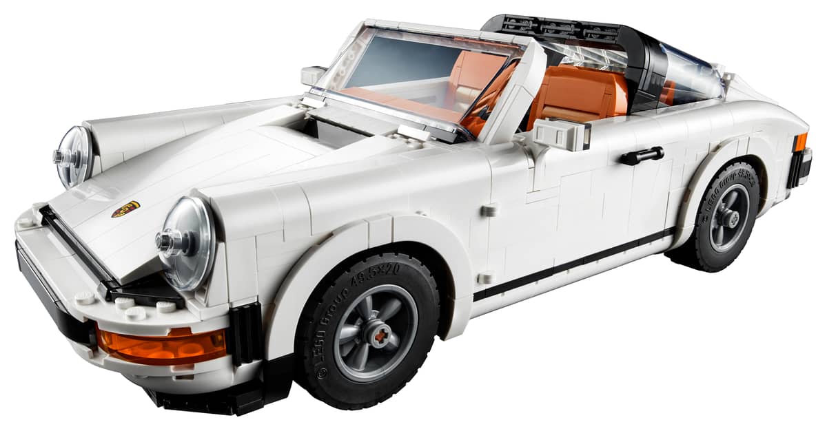 LEGO Porsche 911 Icons model built in clean classic white showcasing its sloping hood aerodynamic lines and round headlights on a display surface