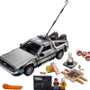 LEGO Back to the Future Time Machine model built in its sleek grey gull wing design with open doors and exposed rear flux pipes set against a clean presentation backdrop
