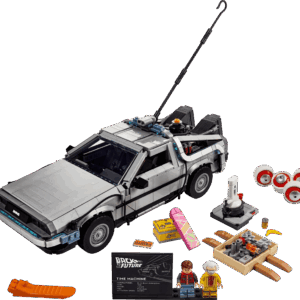 LEGO Back to the Future Time Machine model built in its sleek grey gull wing design with open doors and exposed rear flux pipes set against a clean presentation backdrop