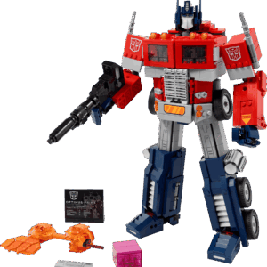 LEGO Optimus Prime 10302 model standing in full robot mode holding an ion blaster alongside its transformation truck display mode