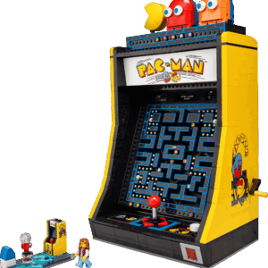 A highly detailed replica of a retro arcade game machine built entirely from bricks celebrating the classic PAC-MAN Arcade LEGO design with a bright yellow cabinet casing