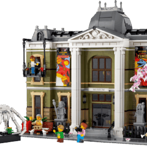 LEGO Natural History Museum 10326 modular building fully assembled displaying its olive green walls and grand white pillars