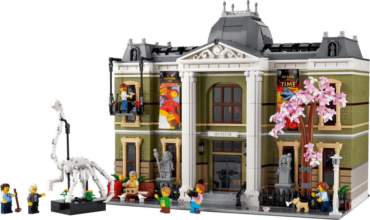 LEGO Natural History Museum 10326 modular building fully assembled displaying its olive green walls and grand white pillars