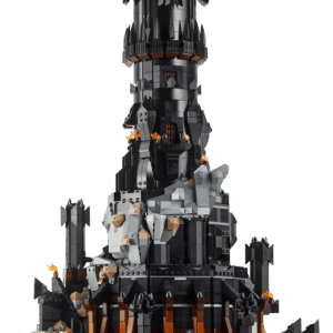 The fully constructed Barad dur LEGO tower set showcasing its massive black spires rising from a volcanic base up to the glowing orange eye structure at the top