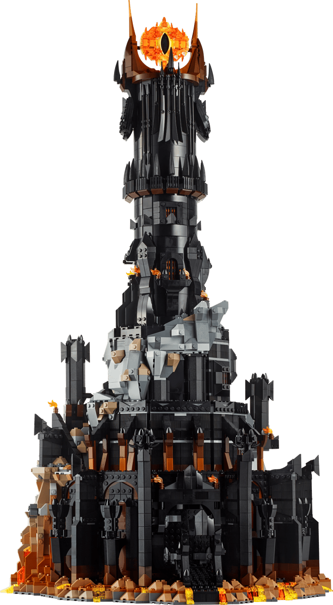 The fully constructed Barad dur LEGO tower set showcasing its massive black spires rising from a volcanic base up to the glowing orange eye structure at the top