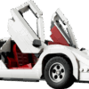LEGO Lamborghini Countach 5000 Quattrovalvole Technic model built in a clean vintage white color palette with its signature rear wing and iconic scissor doors popped open vertically