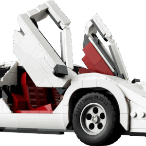 LEGO Lamborghini Countach 5000 Quattrovalvole Technic model built in a clean vintage white color palette with its signature rear wing and iconic scissor doors popped open vertically