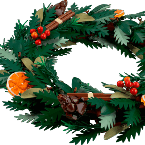 Botanical Wreath Shield housing the completed green LEGO Icons Wreath on a wall