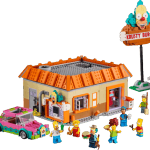 A close up view of a molded minifigure representing Krusty the Clown from the Krusty Burger LEGO set collection holding a round pie slice accessory