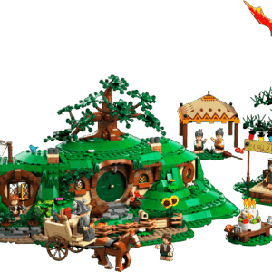 A detailed model of Bag End representing the Shire LEGO Set showing a green circular door round windows a grassy hill roof and an oak tree on top with minifigures arranged in front