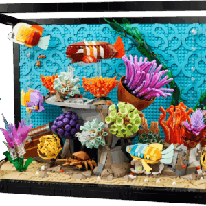 The factory packaging for a 3in1 fish tank representing the LEGO Aquarium Set showing colorful brick built tropical fish swimming behind a black frame