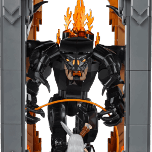 The factory presentation art displaying the Balrog Book Nook sliding perfectly between leather bound books showcasing a glowing stone archway framing a fiery demon figure facing off against Gandalf