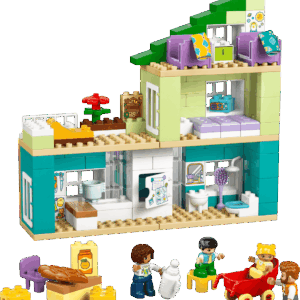 The completed Modern House LEGO set built as a three story luxury beach villa featuring a vertical wood paneled wing large glass windows a swimming pool with beach chairs and two tall palm trees