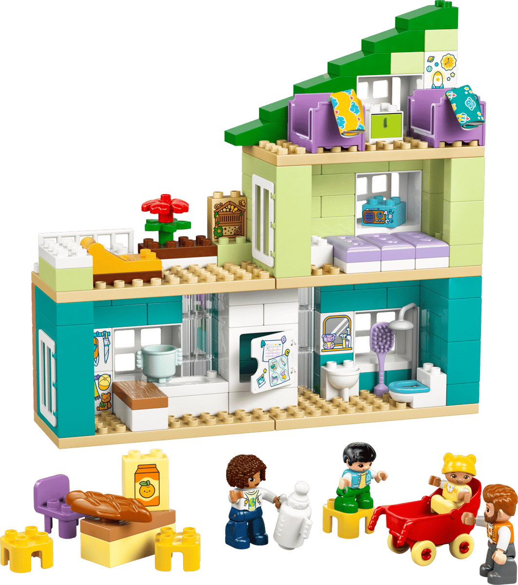 The completed Modern House LEGO set built as a three story luxury beach villa featuring a vertical wood paneled wing large glass windows a swimming pool with beach chairs and two tall palm trees