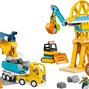 The alternative mobile crane configuration of the Construction LEGO Set showing a long yellow vehicle with a tall extended boom arm lifting a gray structural beam