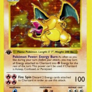 Inferno Relic Sanctuary protecting a raw 1st Edition Base Set Charizard Holo Pokemon card