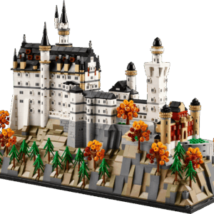 LEGO Bavarian Castle architecture display model featuring the detailed white towers and spires of Neuschwanstein built over rocky cliffs with colorful autumn trees
