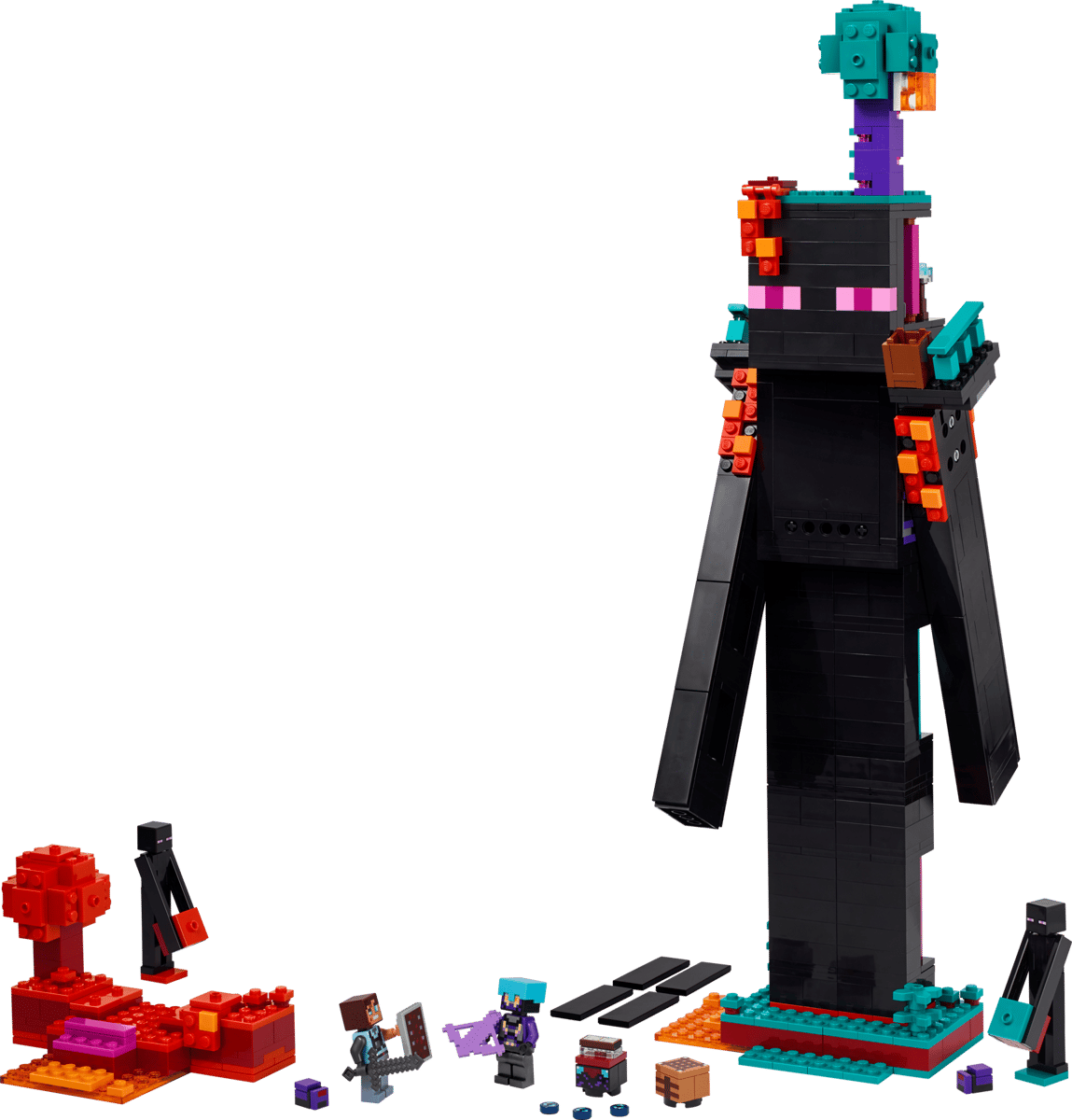 A detailed look at the tall Enderman figure detaching a block from the Abyssal Monolith layout