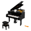 LEGO Grand Piano Ideas model built in polished sleek black with the top lid propped open showing the internal golden strings and a small sheet music stand on the keys