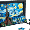LEGO The Starry Night 3D canvas recreation featuring swirling blue and yellow brick-built skies with a prominent dark green cypress tree in the foreground
