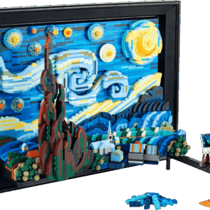 LEGO The Starry Night 3D canvas recreation featuring swirling blue and yellow brick-built skies with a prominent dark green cypress tree in the foreground