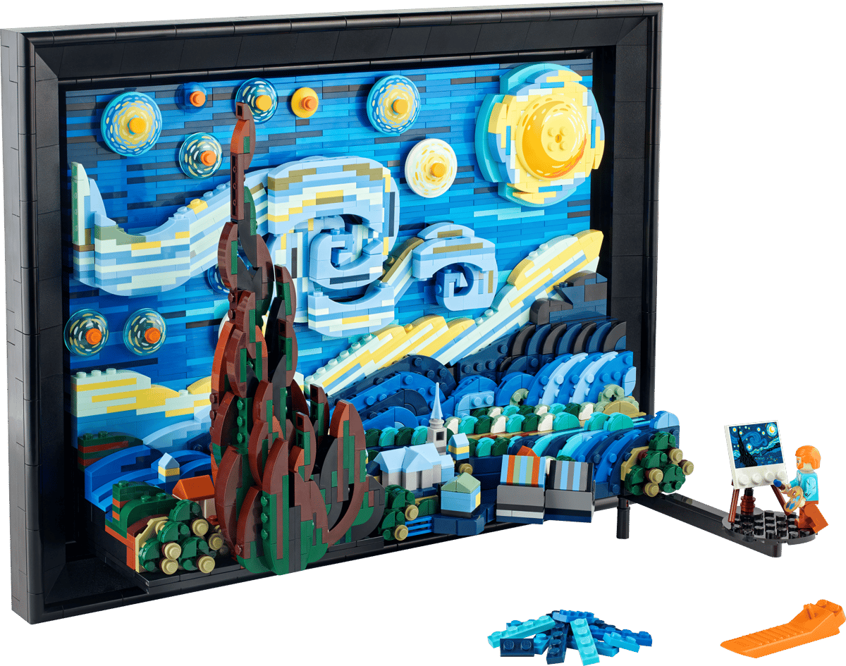LEGO The Starry Night 3D canvas recreation featuring swirling blue and yellow brick-built skies with a prominent dark green cypress tree in the foreground