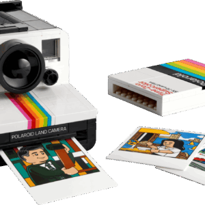 Premium Polaroid Camera Display Case enclosing the retro LEGO camera set on a workspace shelf
