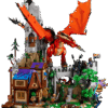 LEGO Red Dragon architectural display model featuring a crumbling stone tower, an old tavern, and a large orange-winged beast perched across the stone ruins