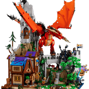 LEGO Red Dragon architectural display model featuring a crumbling stone tower, an old tavern, and a large orange-winged beast perched across the stone ruins