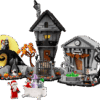 LEGO Nightmare Before Christmas Ideas model built showcasing Jack Skellington house next to the town hall and the iconic curved Spiral Hill with a full moon backdrop