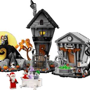 LEGO Nightmare Before Christmas Ideas model built showcasing Jack Skellington house next to the town hall and the iconic curved Spiral Hill with a full moon backdrop