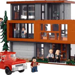 LEGO Twilight The Cullen House large scale architectural model showing the three tier modern wood and glass mansion surrounded by green forest trees on a clean presentation backdrop