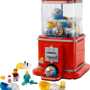 LEGO Minifigure Vending Machine operational model showcasing its retro bright neon housing with display windows holding character pods and a working coin slot