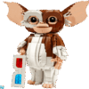 LEGO Gremlins Gizmo large scale brick built character model with white and brown fur textures large expressive brown eyes and poseable ears sitting on a display base