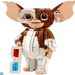 LEGO Gremlins Gizmo large scale brick built character model with white and brown fur textures large expressive brown eyes and poseable ears sitting on a display base