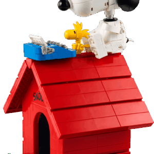 Snoopy Doghouse Display Case protecting the completed LEGO Peanuts build on a modern shelf