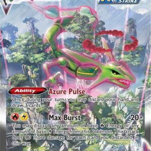 Emerald Sky Monolith protecting a raw Evolving Skies Rayquaza VMAX Alternate Art Pokemon card