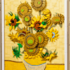 LEGO Vincent van Gogh Sunflowers 3D art set hanging on a wall inside a premium black frame showing detailed gold and yellow textured petals