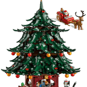 LEGO Family Christmas Tree seasonal display set 40573 built as two distinct decorated holiday trees on a wooden tabletop surface