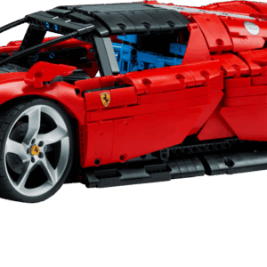 LEGO Ferrari Daytona SP3 Technic model built in striking classic racing red featuring sleek aerodynamic rear strakes and working butterfly doors opened wide