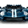 LEGO 2022 Ford GT 42154 supercar model in dark blue with dual white racing stripes displayed on its factory box packaging
