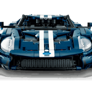 LEGO 2022 Ford GT 42154 supercar model in dark blue with dual white racing stripes displayed on its factory box packaging