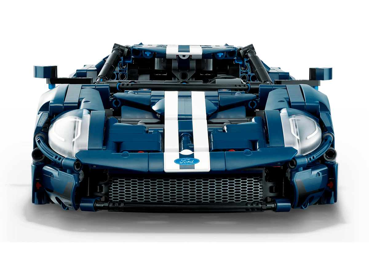 LEGO 2022 Ford GT 42154 supercar model in dark blue with dual white racing stripes displayed on its factory box packaging