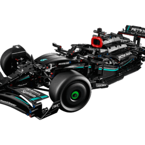 LEGO Mercedes-AMG F1 W14 E Performance model built in a stealth matte black racing livery with petronas green stripes displayed on a clean showroom floor