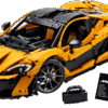 LEGO Technic McLaren P1 hypercar model 42172 built in bright orange paneling inside a glass showcase with open dihedral doors
