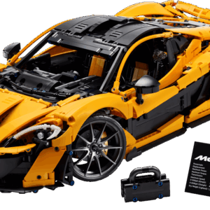 LEGO Technic McLaren P1 hypercar model 42172 built in bright orange paneling inside a glass showcase with open dihedral doors