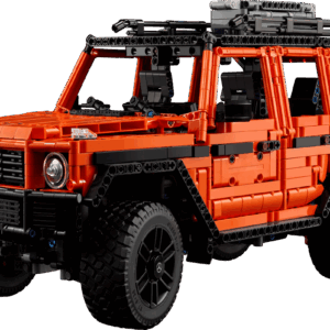 LEGO Technic Mercedes-Benz G 500 42177 off road model assembled in copper orange featuring a roof rack and rear spare tire mount