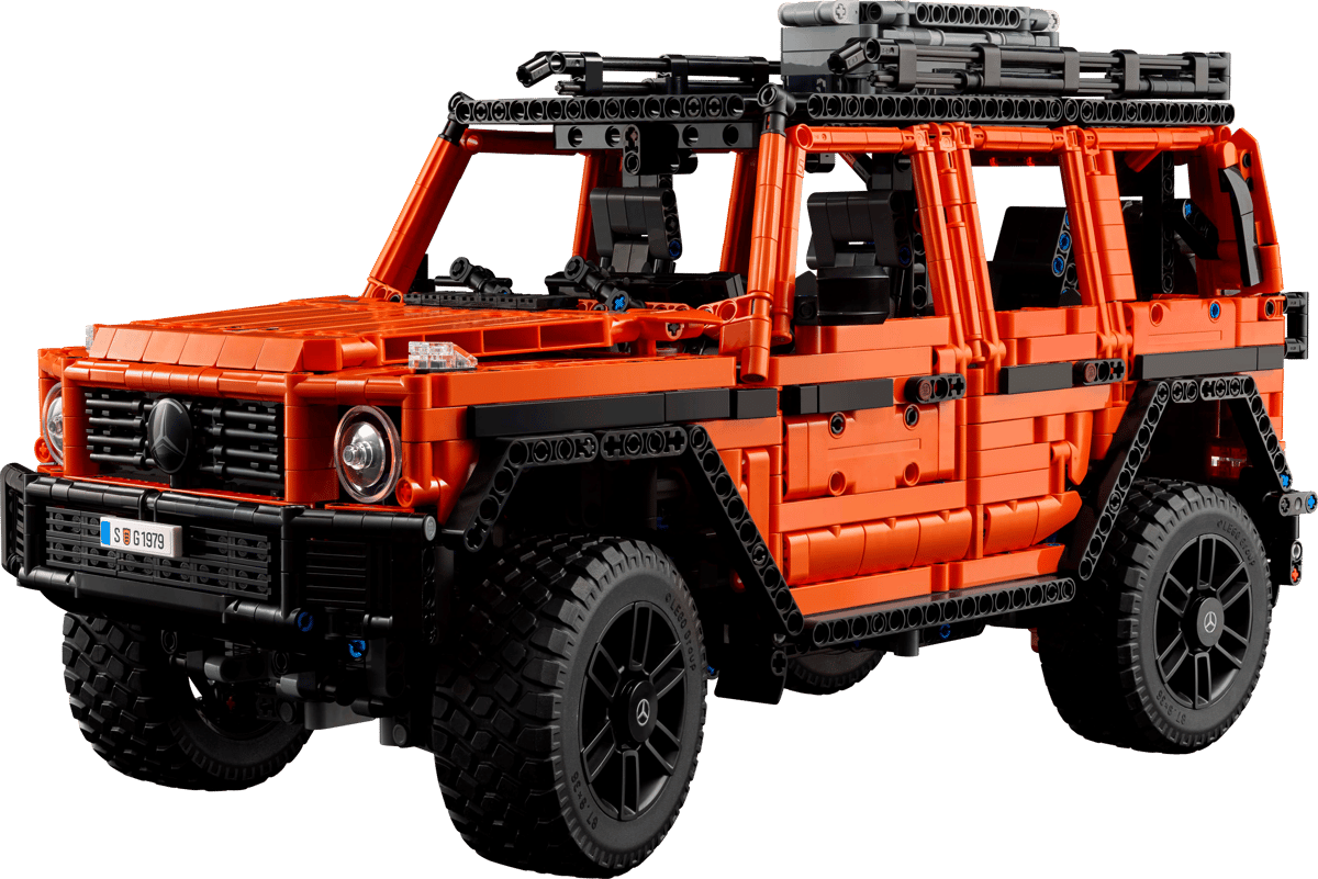 LEGO Technic Mercedes-Benz G 500 42177 off road model assembled in copper orange featuring a roof rack and rear spare tire mount