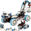 The fully built white and gray Technic Moon Rover LEGO space vehicle showcasing its heavy duty rubber tires and functional crane arm side by side with the mining scout