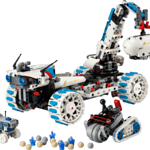 The fully built white and gray Technic Moon Rover LEGO space vehicle showcasing its heavy duty rubber tires and functional crane arm side by side with the mining scout